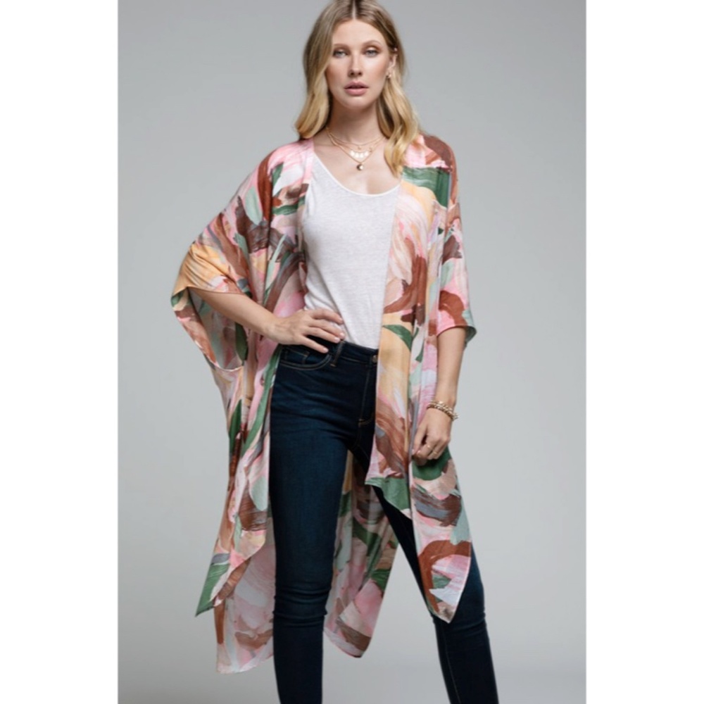SOLD OUT Mone Colorful Brush Stroke Motif Kimono Coverup Wrap Open Casual Top - Picture 2 of 5